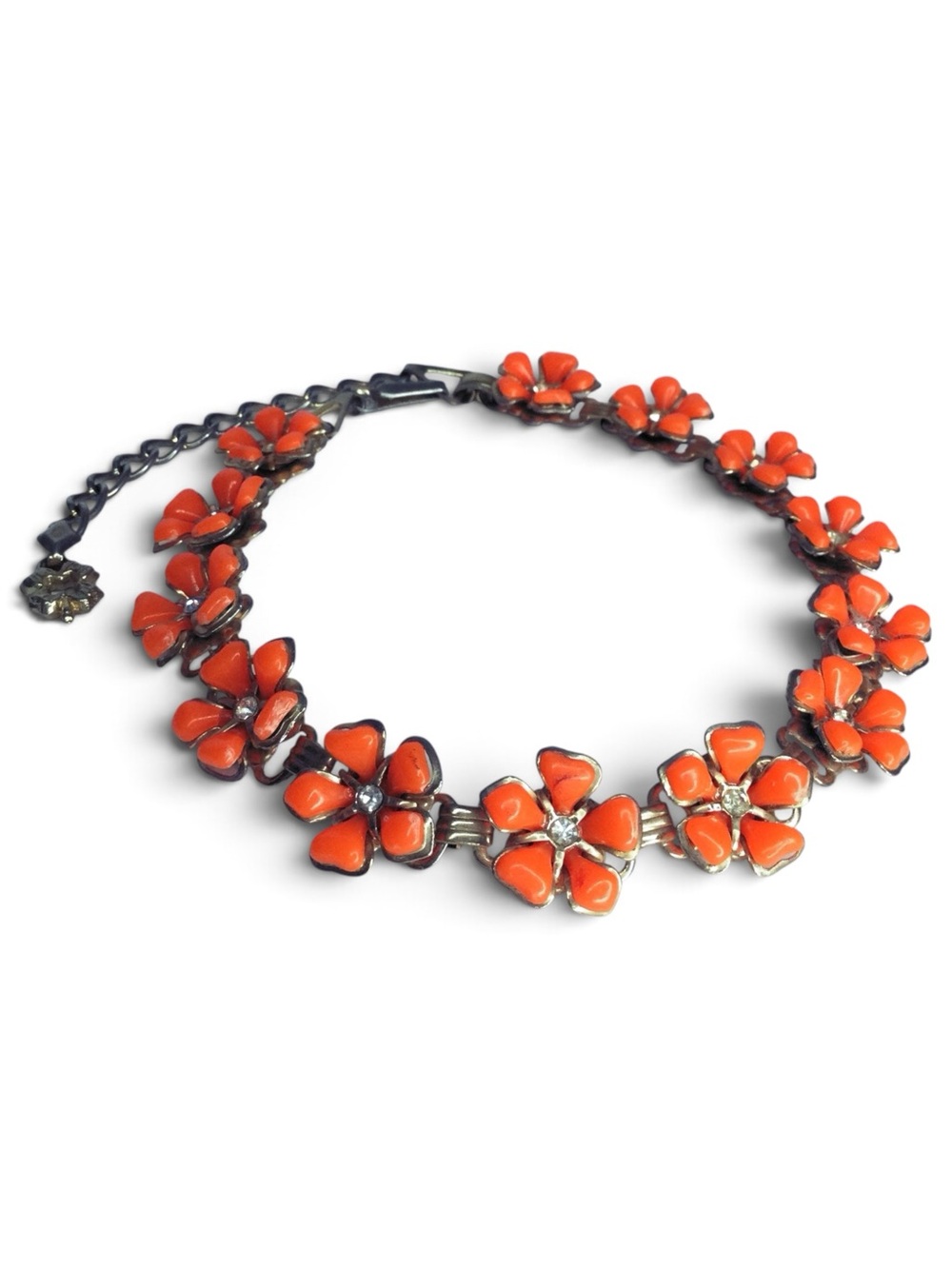 Vintage Orange Thermoset & Rhinestone Brass-Tone Floral Statement Necklace - Picture 10 of 14